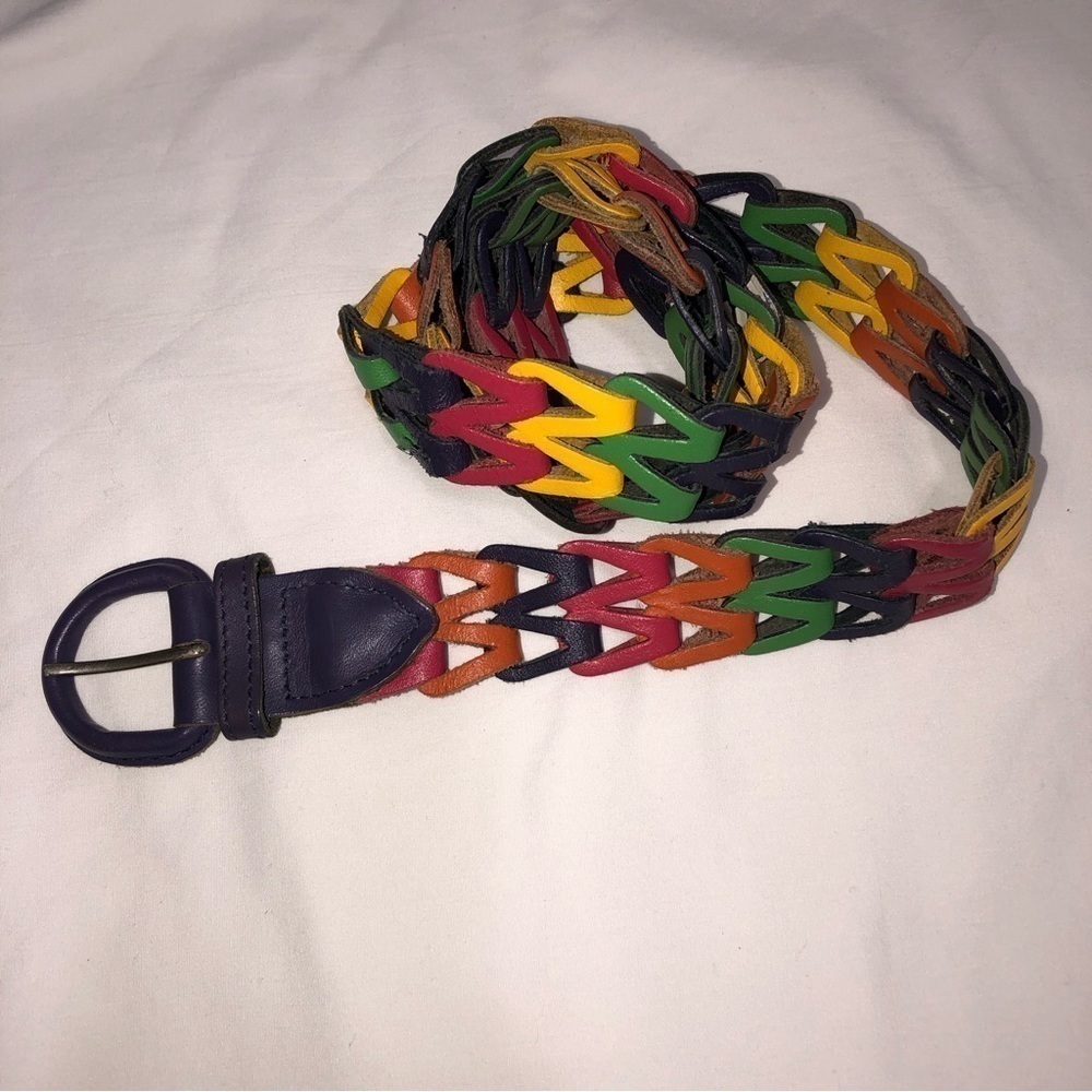 Woven Leather Chain Multicolor Belt Size M/L Guatemala Purple Green Unisex